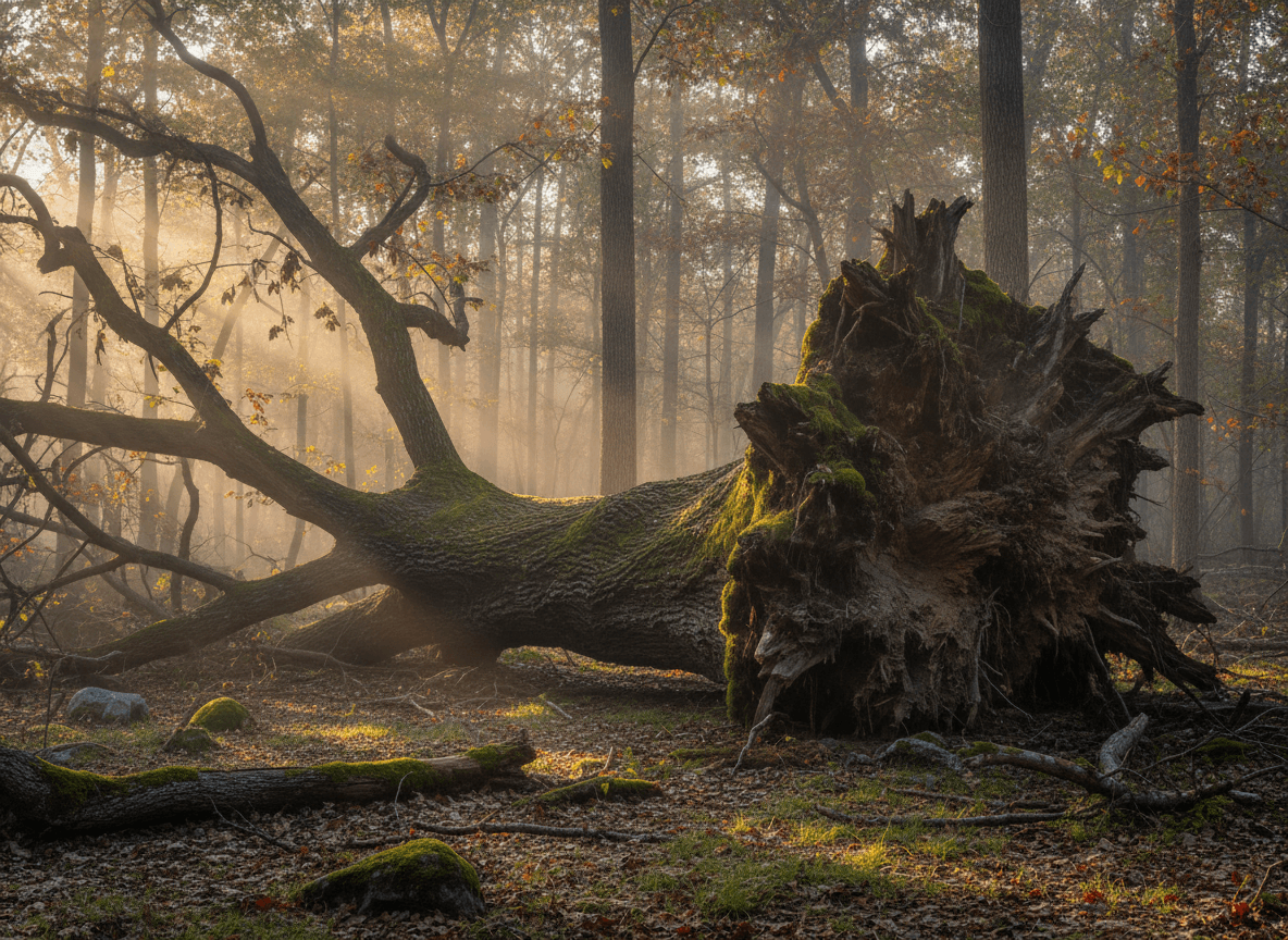 Storm-downed oak tree in a Tennessee forest with sunlight streaming through